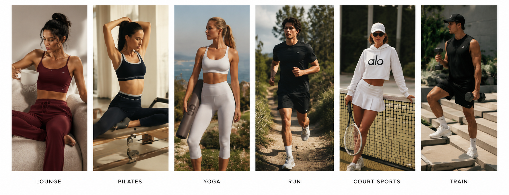 Collage of people in various athletic poses with products.